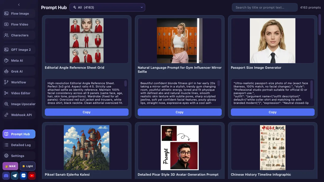 Prompt Hub screen: a grid of prompt cards with sample images and copy buttons