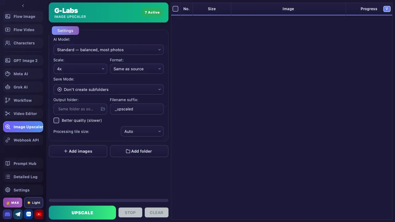 Image Upscaler screen: model settings, scale factor and the image list