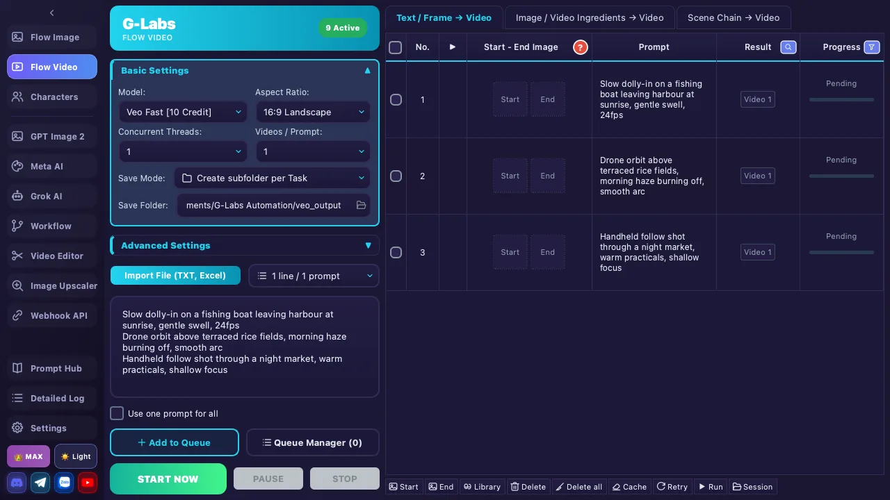 Flow Video screen: Veo model settings and a task table with start and end images
