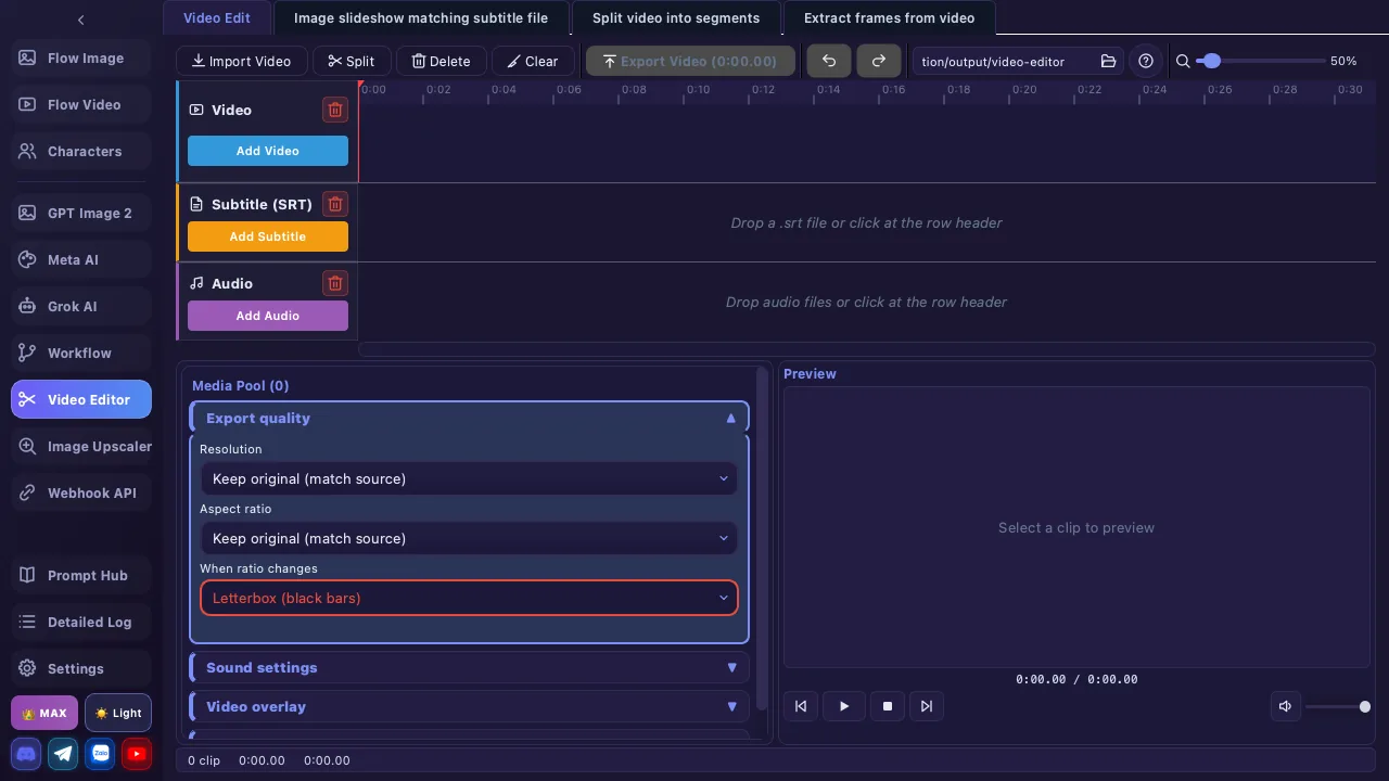 Video Editor screen: multi-track timeline with video, subtitle and audio lanes