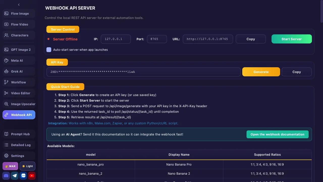 Webhook API screen: server controls, API key and the supported model table