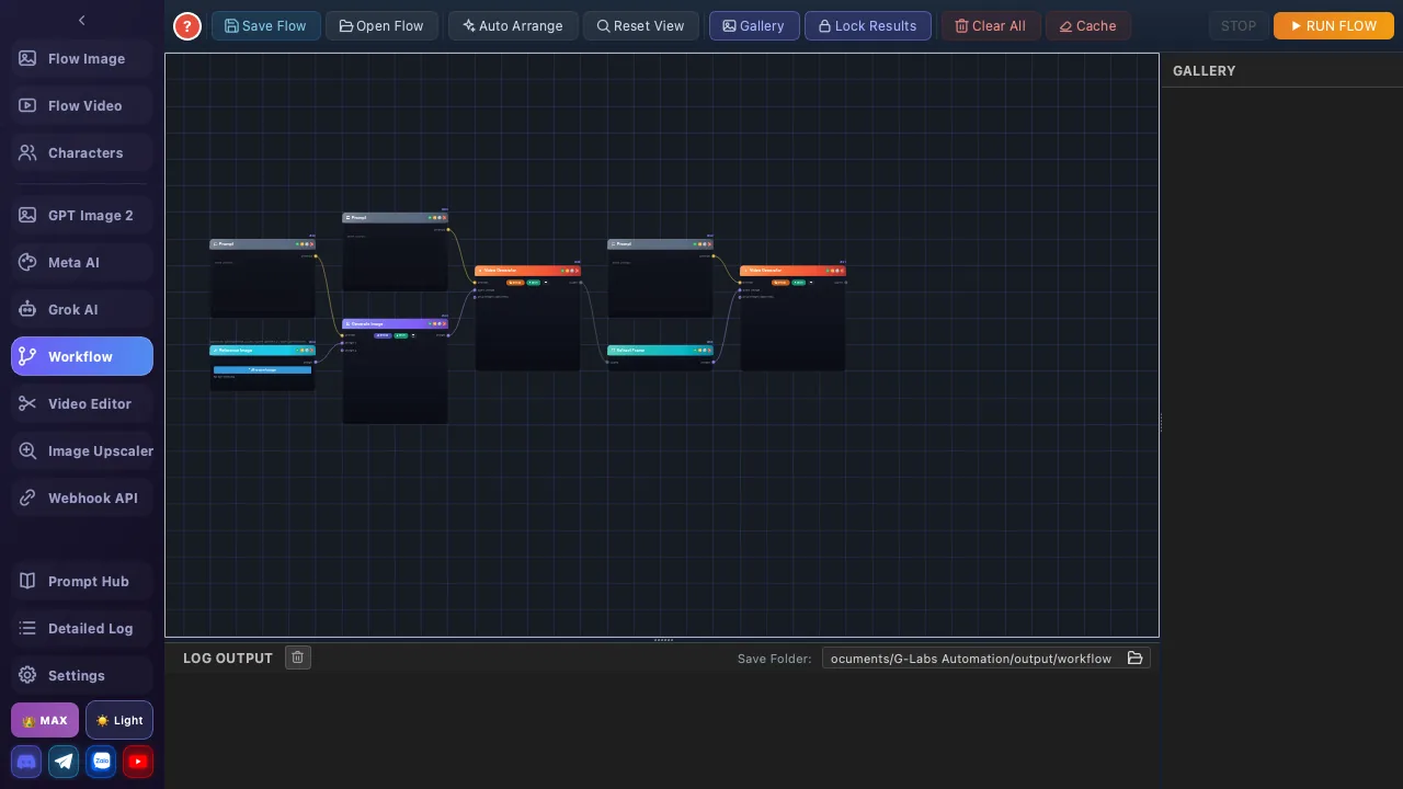 Workflow screen: a node canvas chaining image and video steps