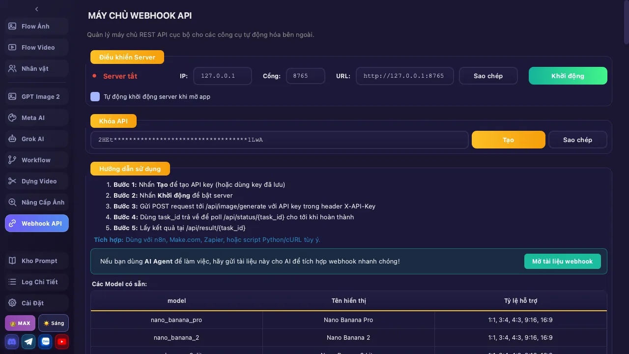 Màn hình Webhook API: điều khiển server, khoá API và bảng model hỗ trợ