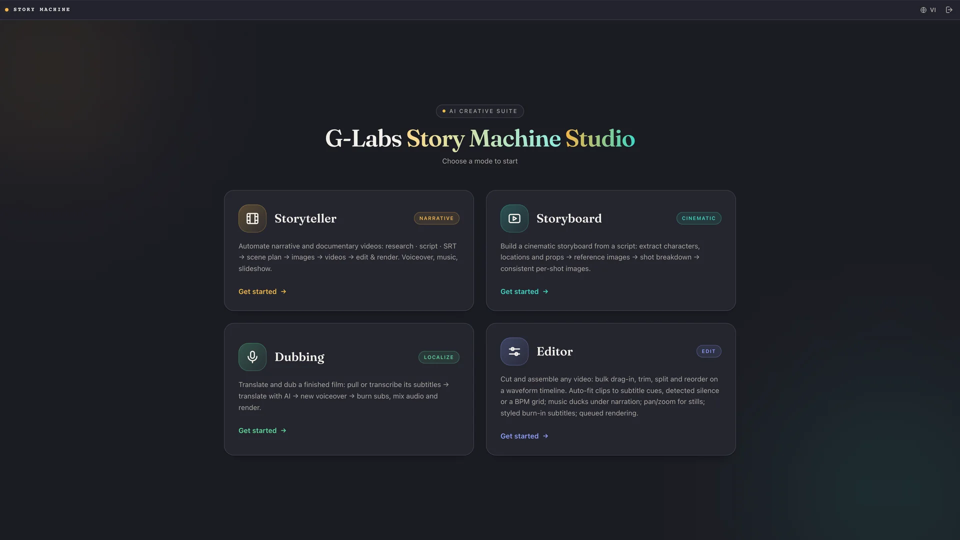 G-Labs Story Machine mode picker: Storyteller, Storyboard, Dubbing, Editor