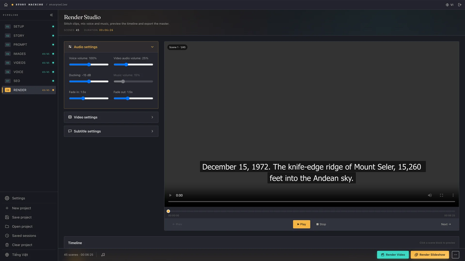The audio settings panel: voiceover level, background music, ducking amount and fade in/out timing