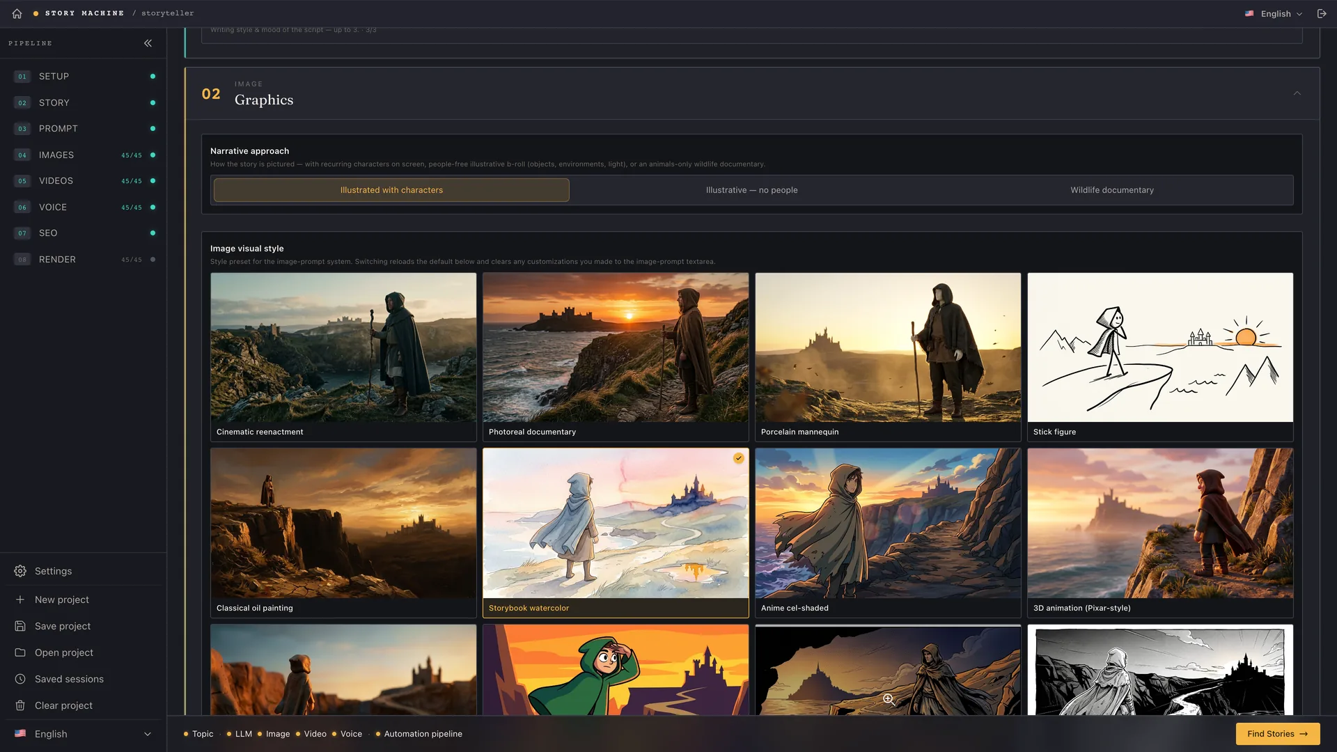 The Graphics block: narrative angle and the grid of 46+ visual styles, each with a sample image