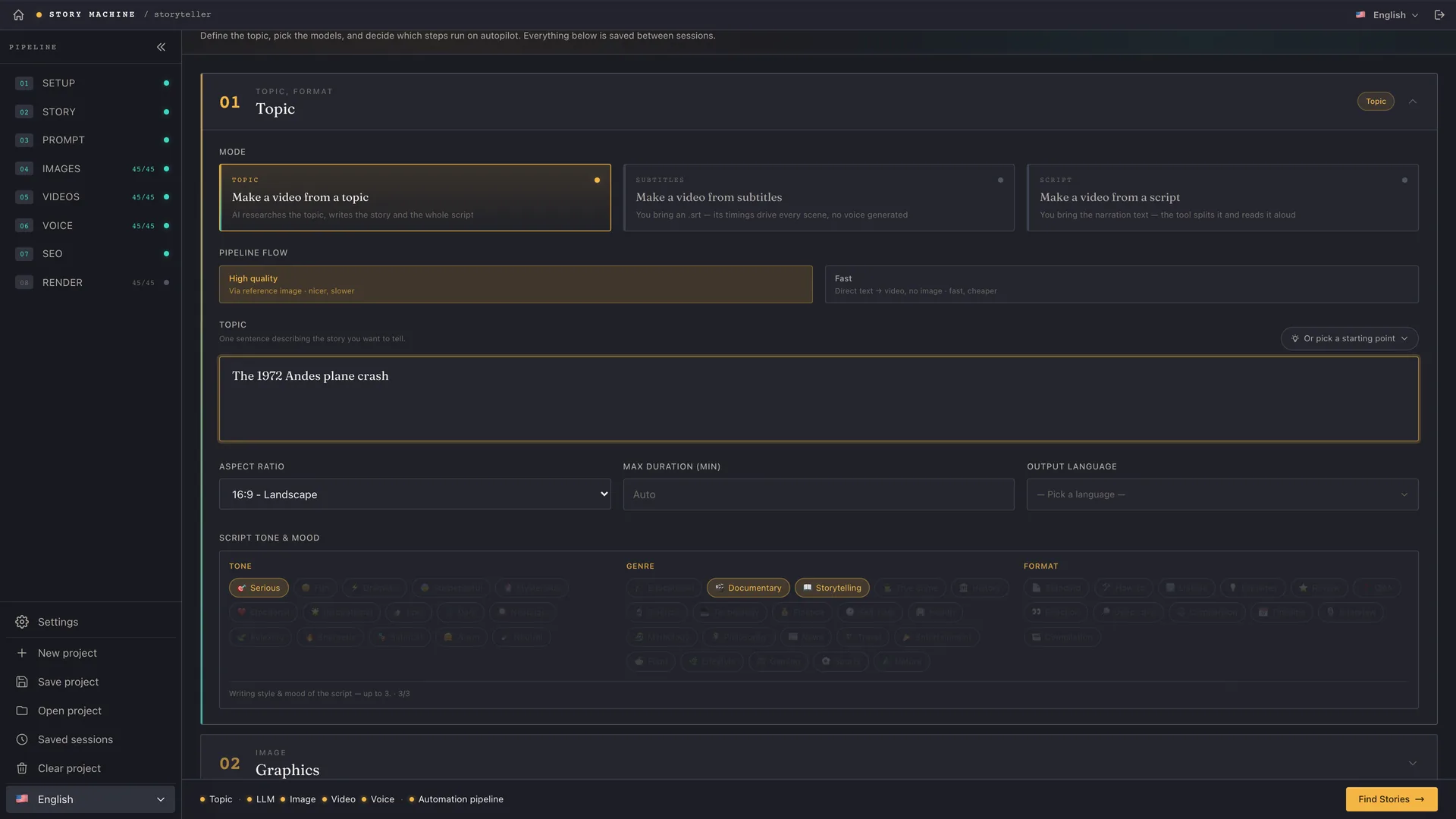 Setup page: create a video from a topic, subtitles or a script
