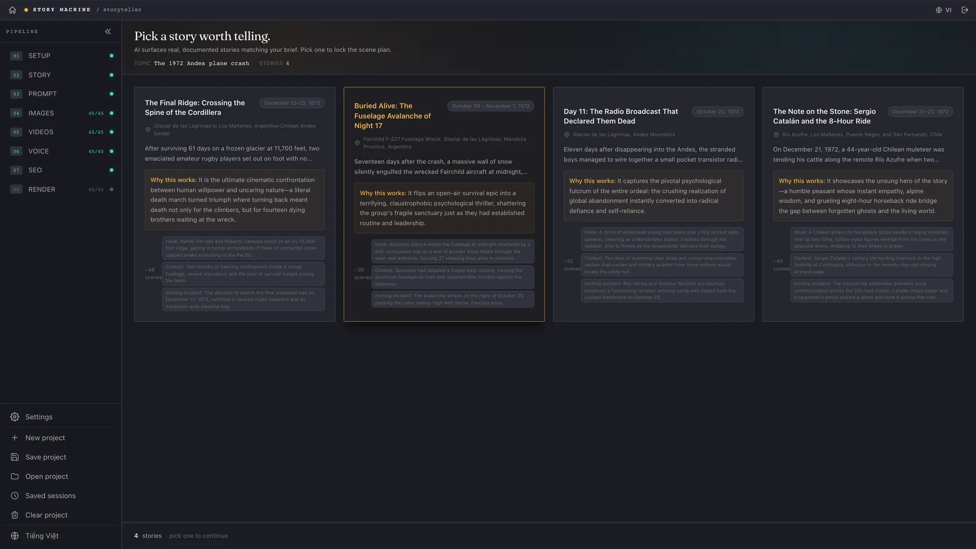 Story page: four real story candidates found by the AI