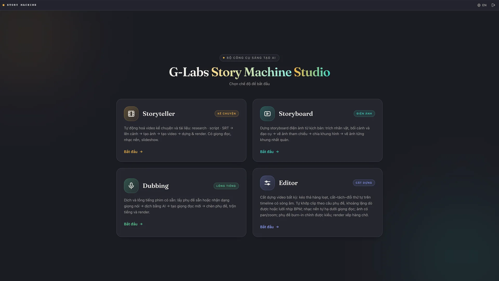 Màn hình chọn chế độ của G-Labs Story Machine: Storyteller, Storyboard, Dubbing, Editor