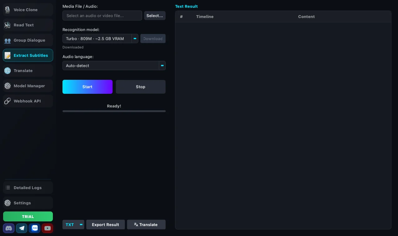 The Extract Subtitles tab: file picker, recognition model selector and the extracted results table