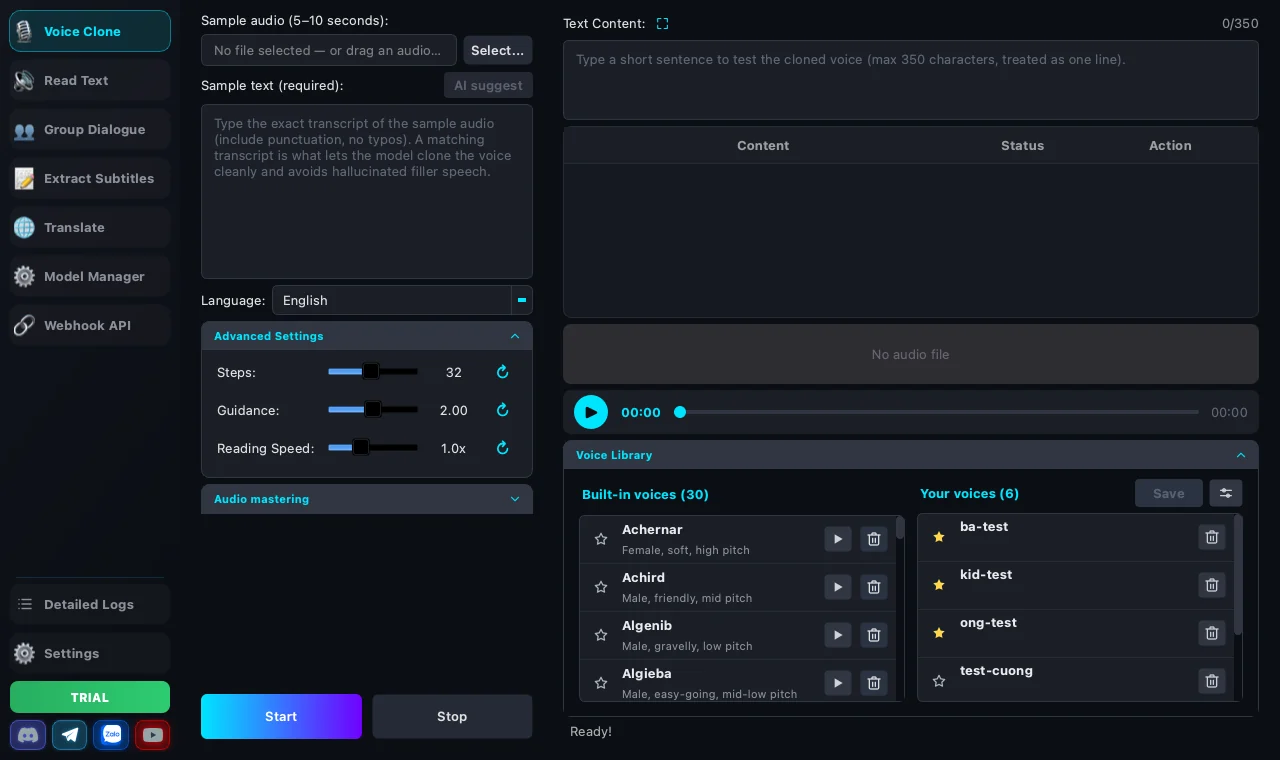 The main G-Labs Voice Studio window: seven-item sidebar and the Voice Clone tab