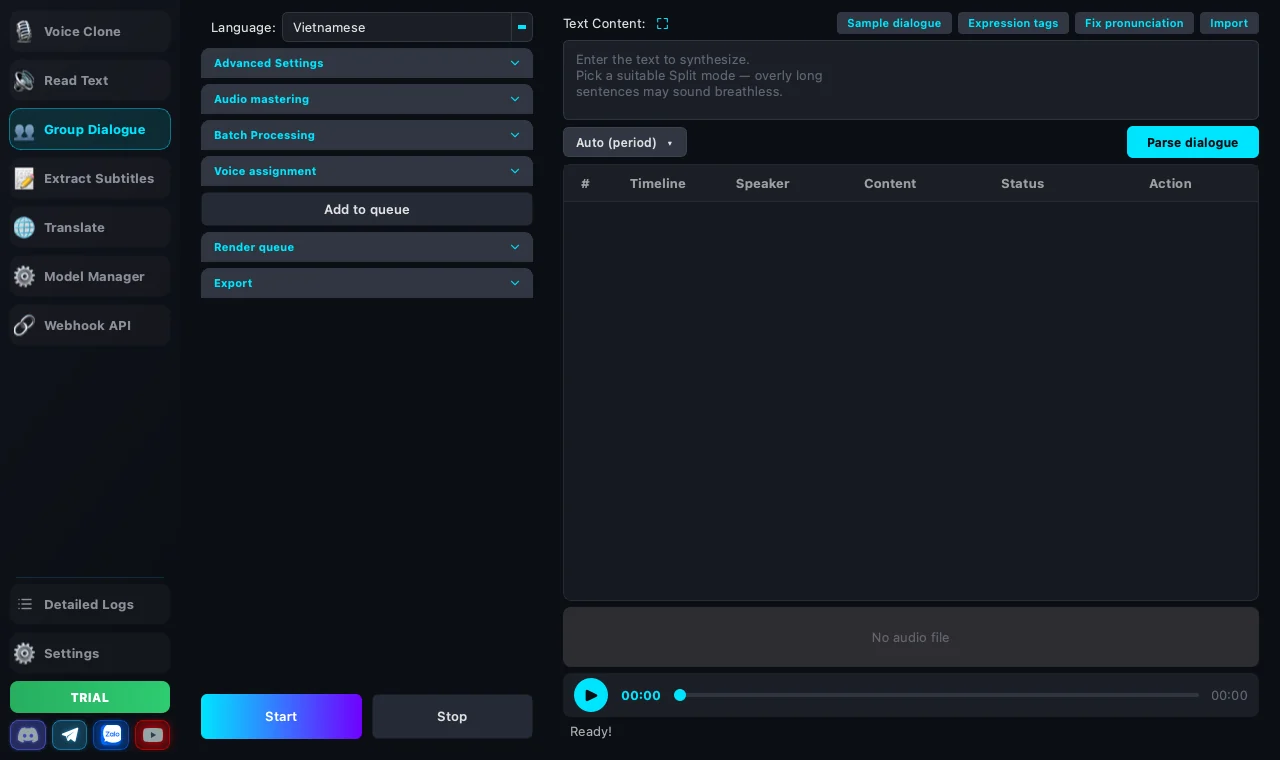 The Group Dialogue tab: script editor, voice casting panel and the generation queue