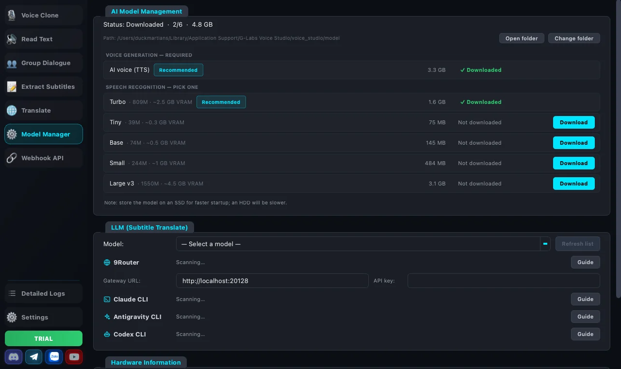 The Model Manager screen: TTS model status and the recognition models with their sizes