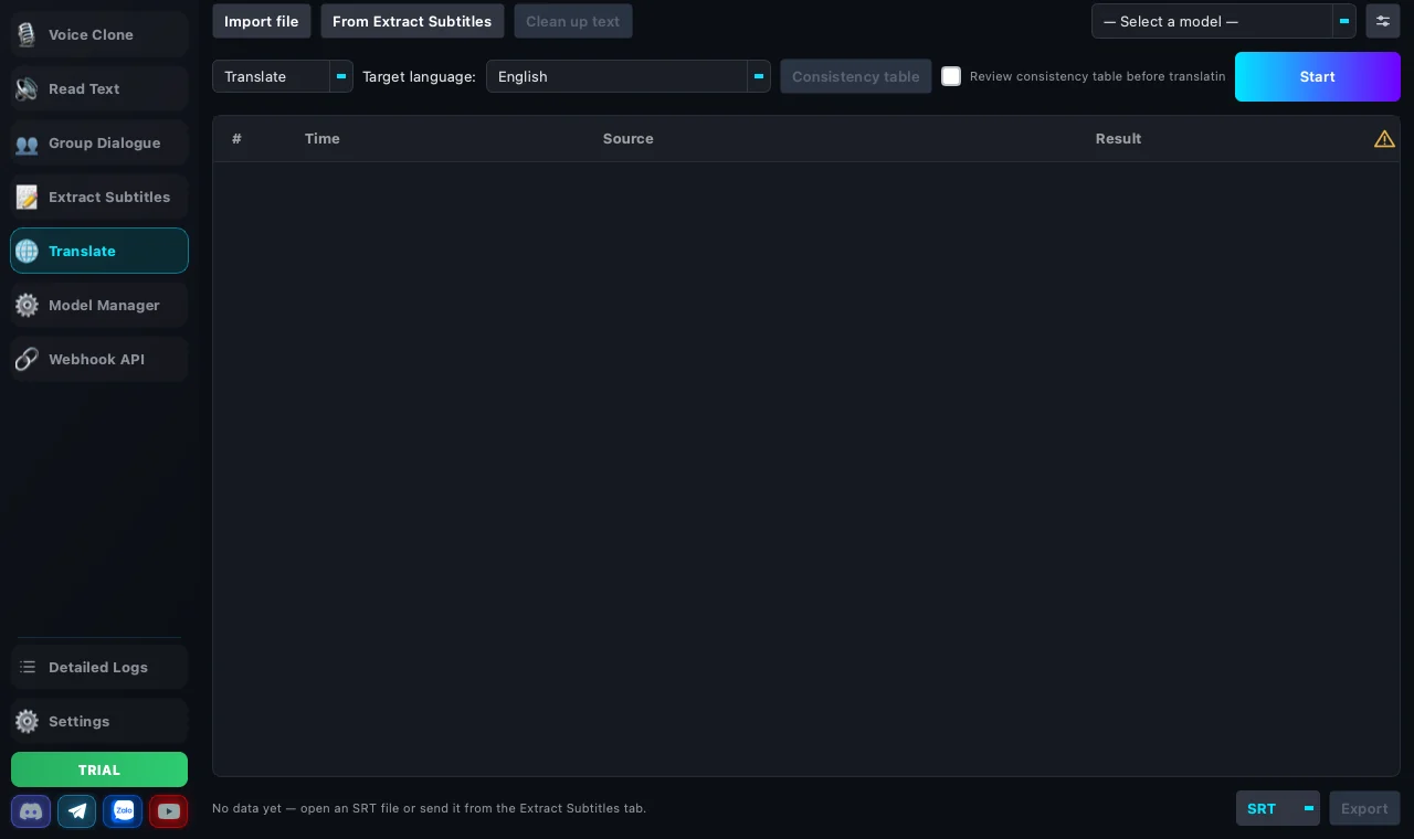 The Translate tab: file input, target language, the consistency table and the translated results table