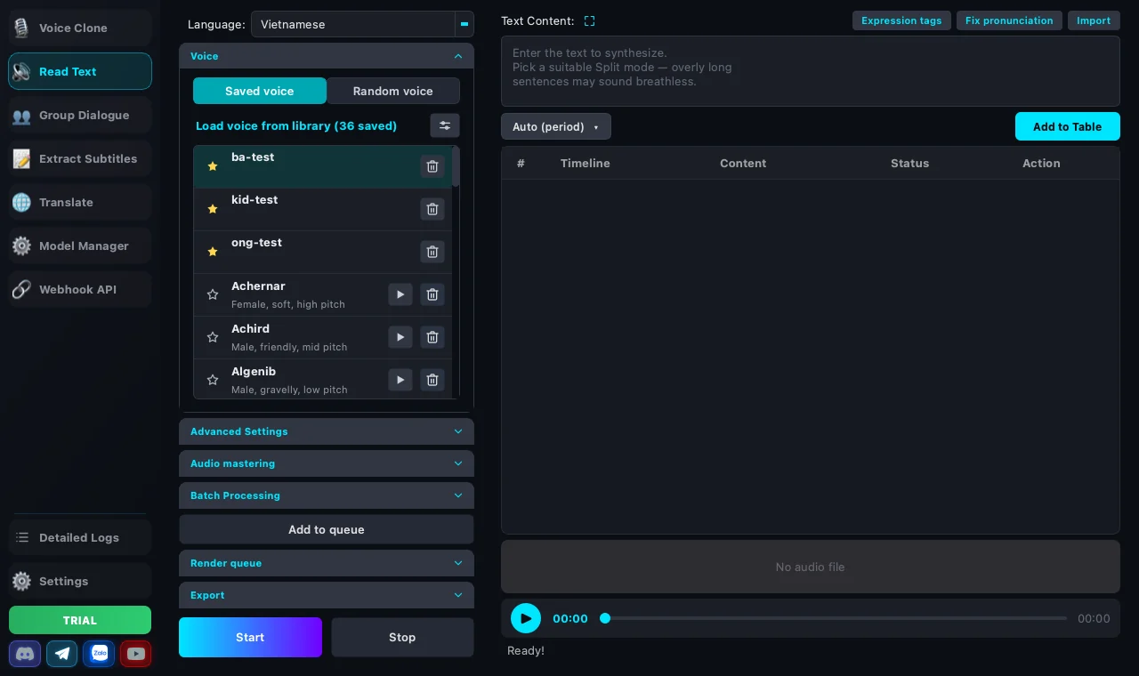 The Read Text tab: preset or random voice selection, the content table and the settings groups