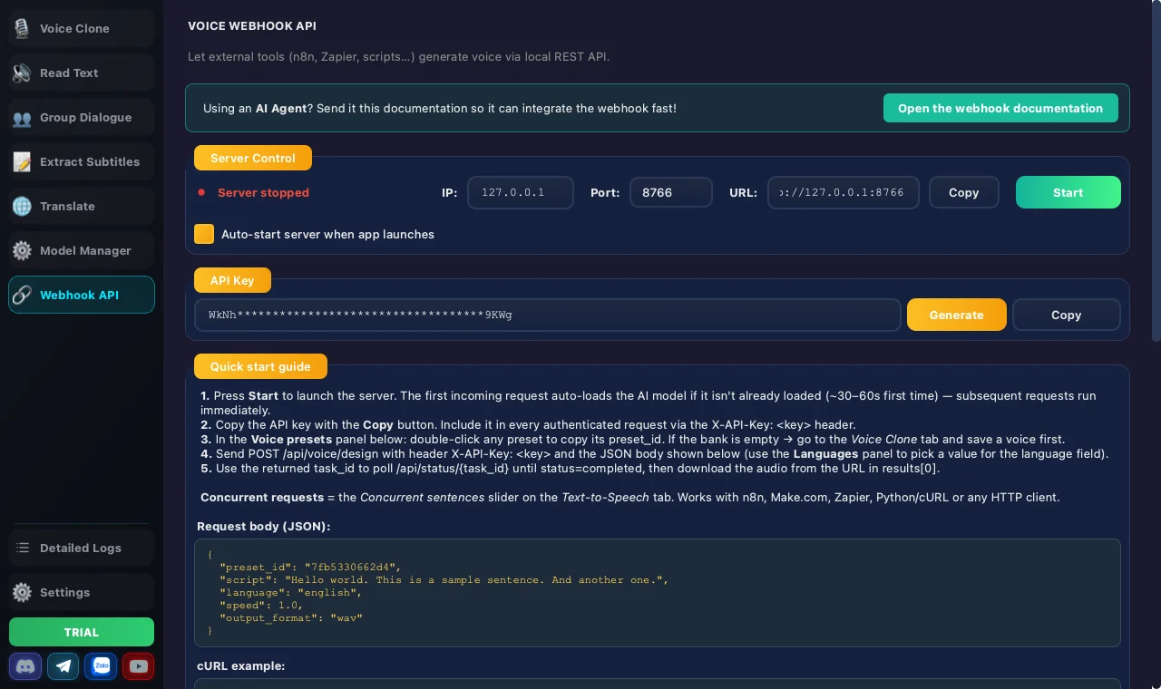 The Webhook API screen: server controls, API key and usage instructions with a JSON example