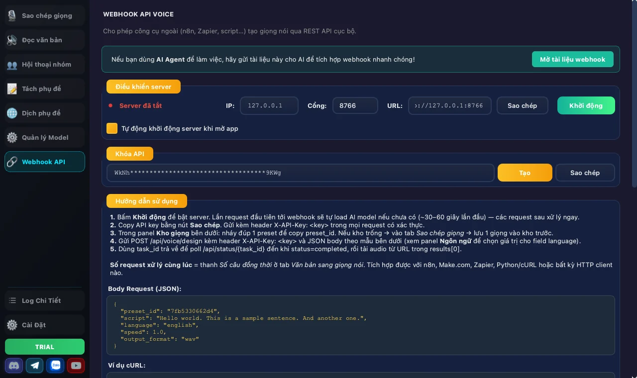 Màn hình Webhook API với điều khiển server, khoá API và hướng dẫn